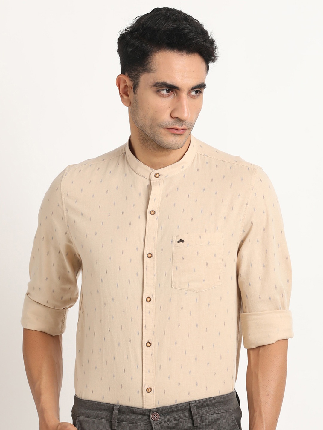 

Turtle Relaxed Slim Fit Micro Ditsy Printed Mandarin Collar Cotton Linen Casual Shirt, Beige