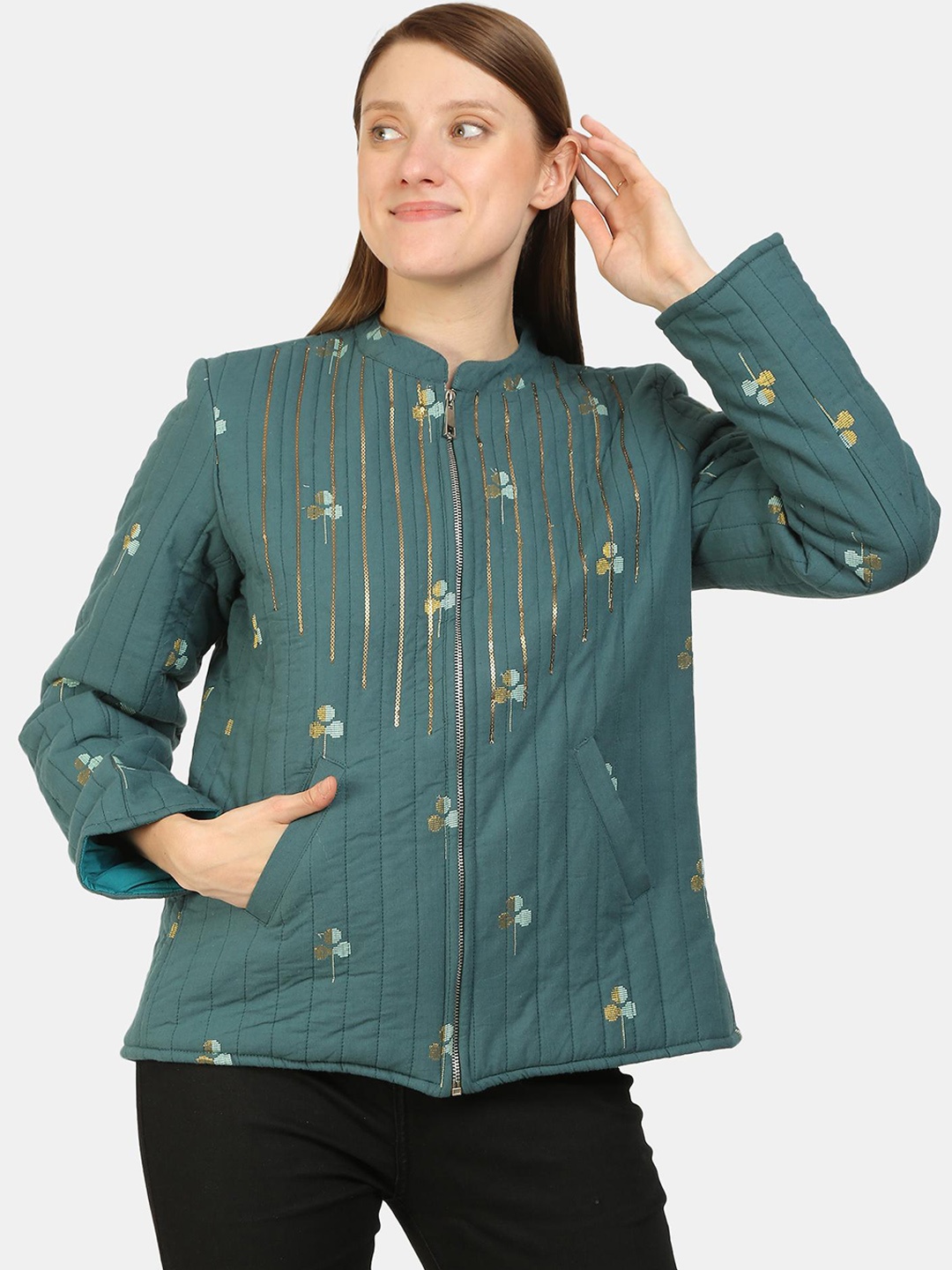 

KALINI Floral Self Design Mandarin Collar Sequinned Quilted Jacket, Teal