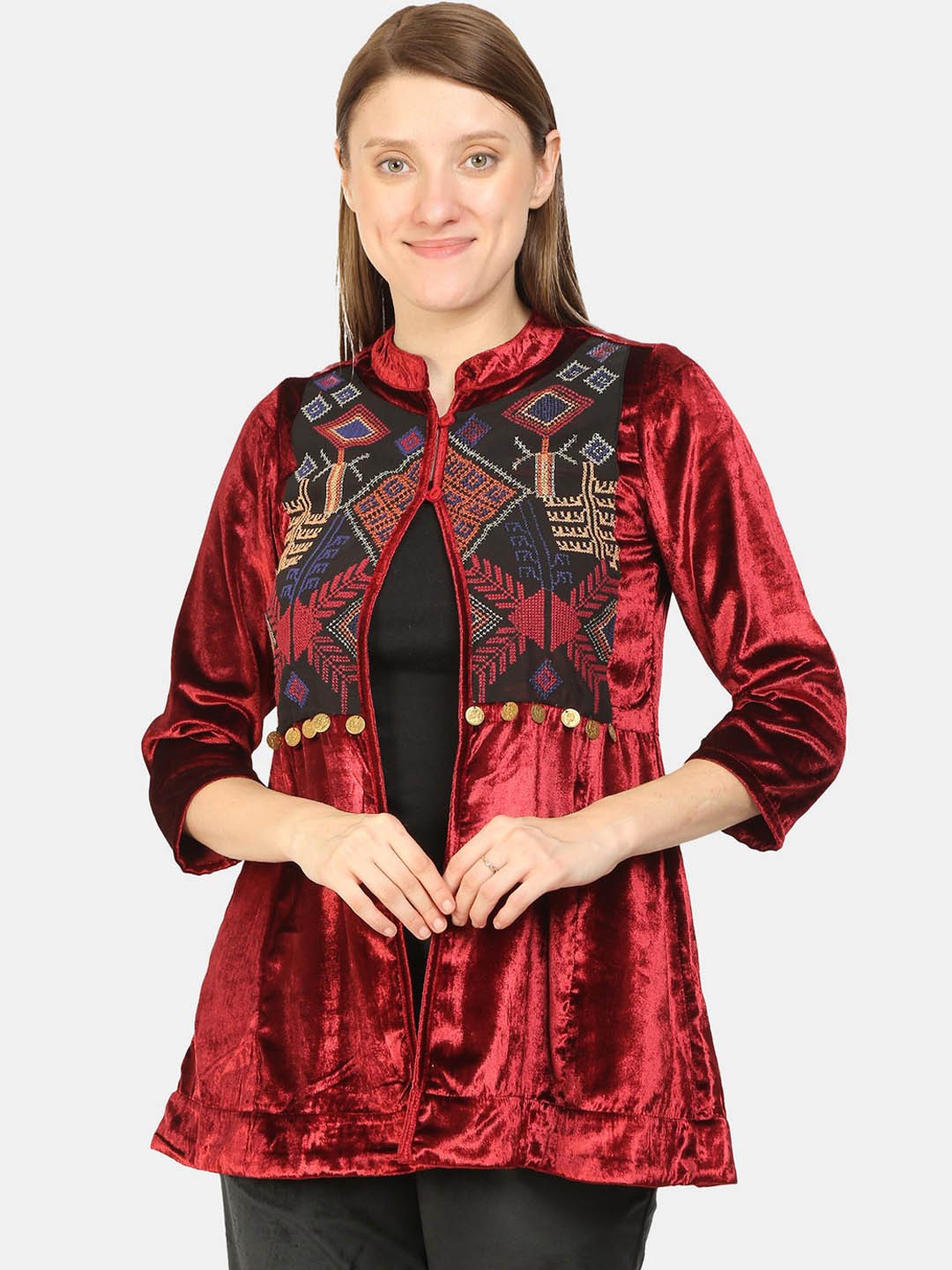 

KALINI Geometric Embroidered Mandarin Collar Velvet Tailored Jacket, Burgundy