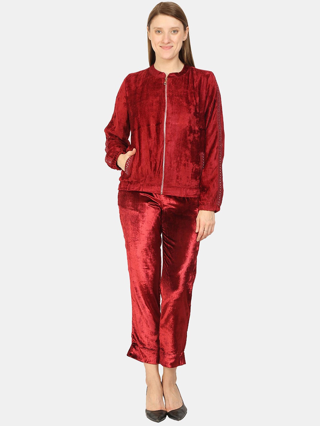 

KALINI Mandarin Collar Long Sleeves Studded Velvet Tailored Jacket, Burgundy