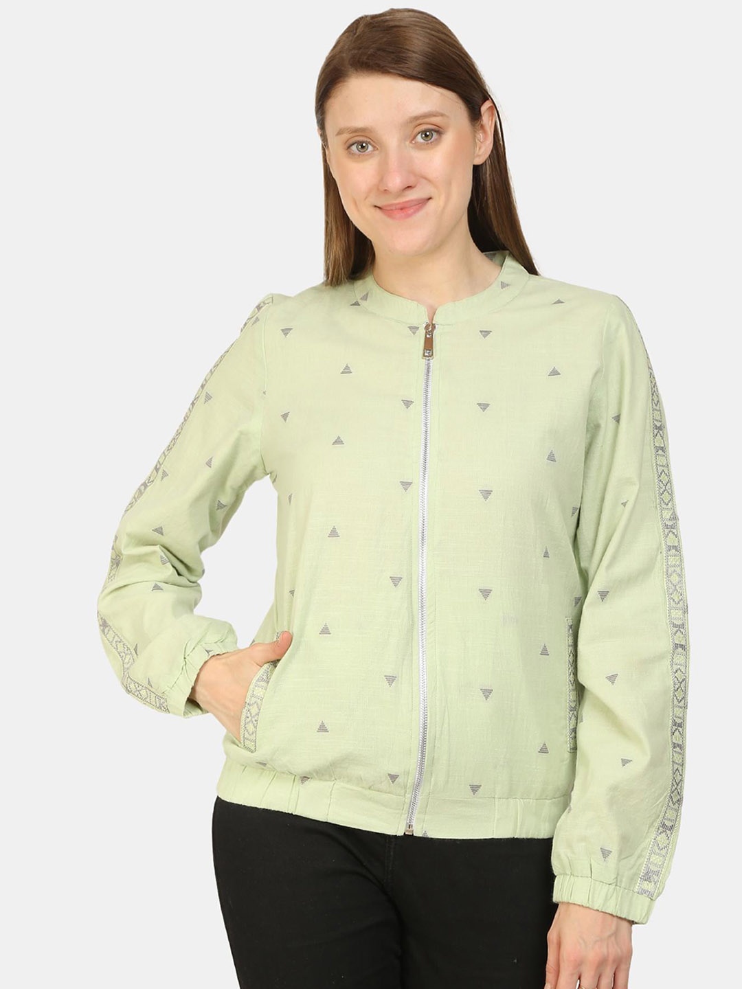 

KALINI Geometric Embroidered Mandarin Collar Cotton Tailored Jacket, Green