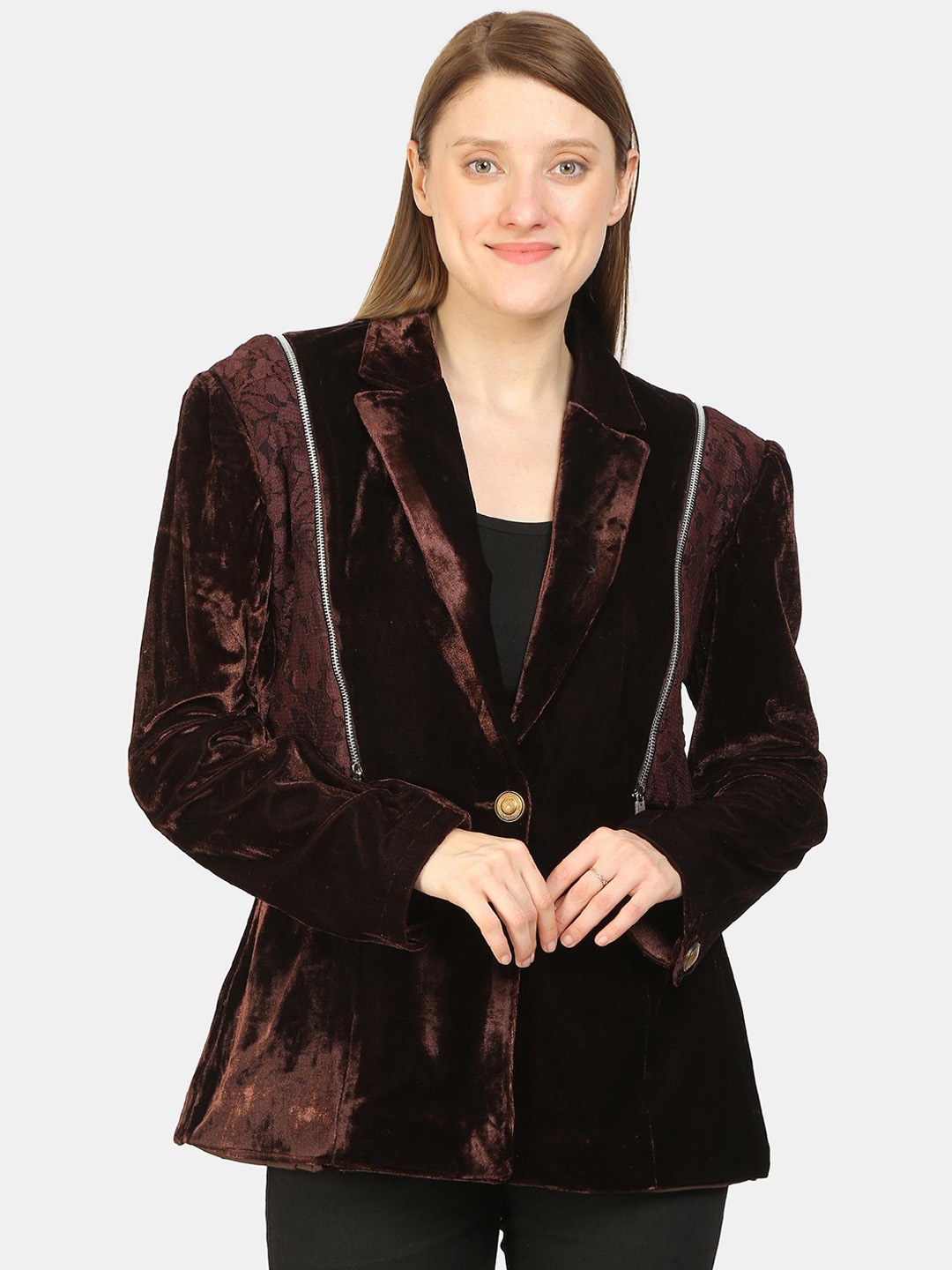 

KALINI Notched Lapel Collar Single-Breasted Convertible 2 in 1 Velvet Blazer, Brown