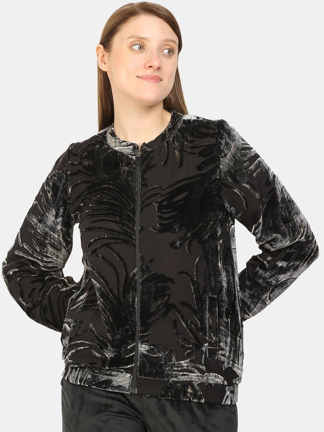 

KALINI Self Design Mandarin Collar Jacquard Bomber Jacket, Charcoal