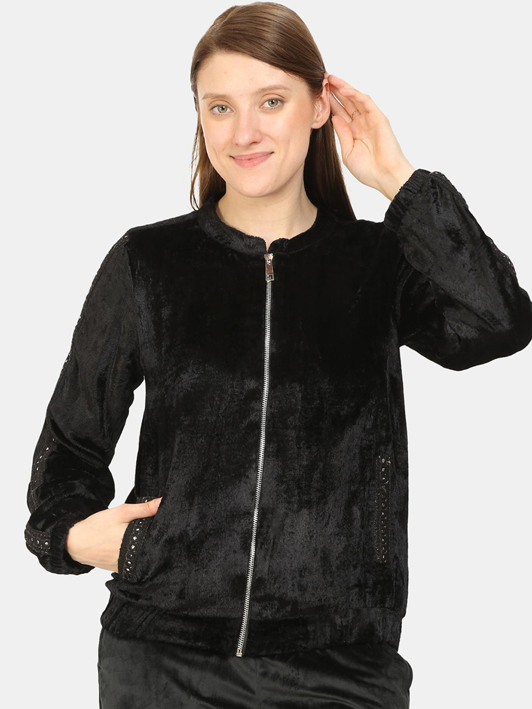 

KALINI Mandarin Collar Sequinned Velvet Bomber Jacket, Black