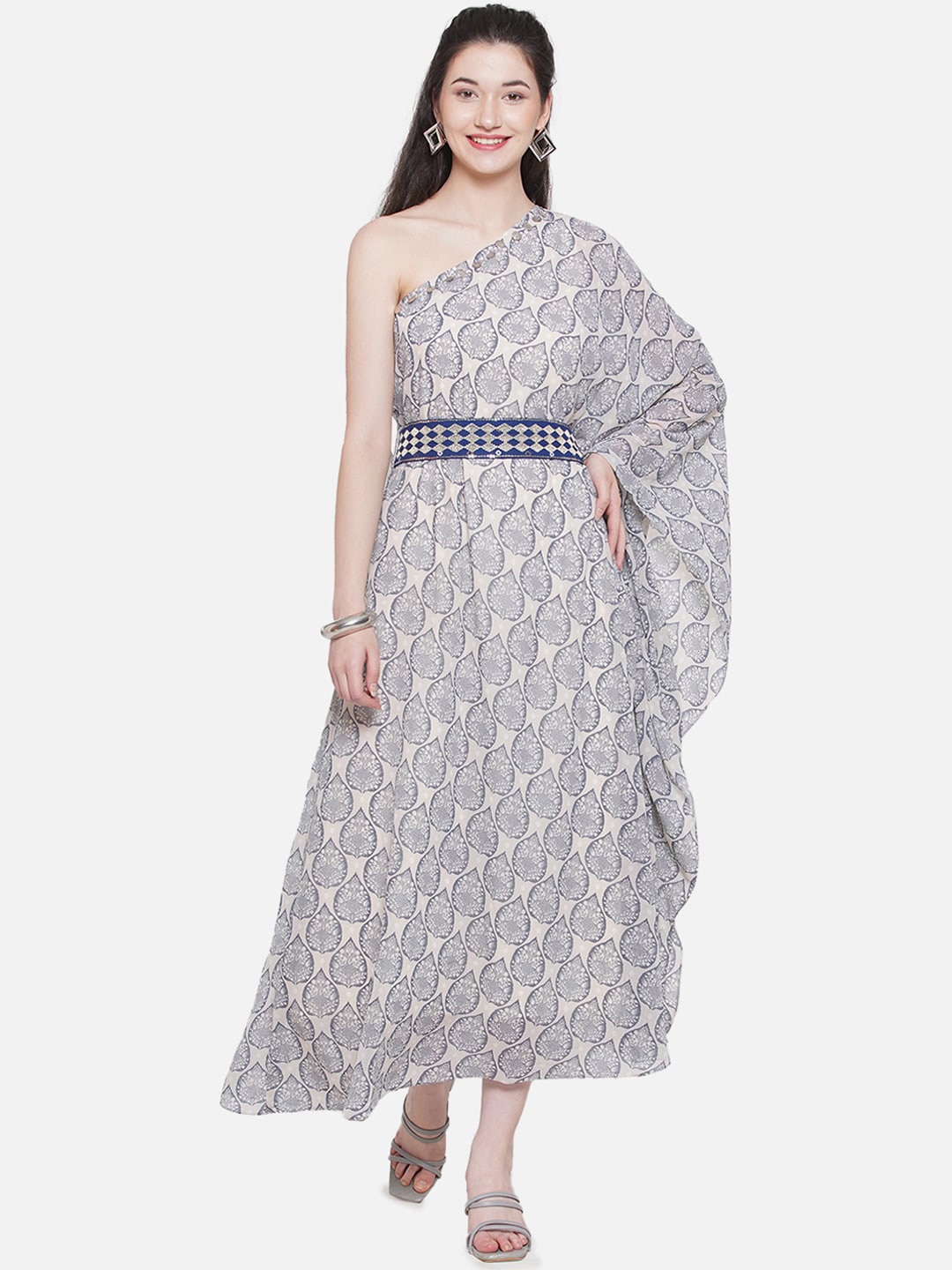 

KALINI Ethnic Motifs Printed One Shoulder Belted Kaftan Midi Dress, Grey