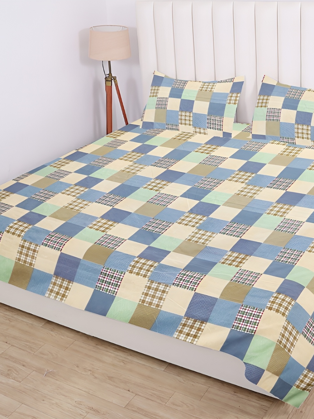 

RD TREND Beige & Blue Geometric 210 TC Cotton King Fitted Bedsheet With 2 Pillow Covers