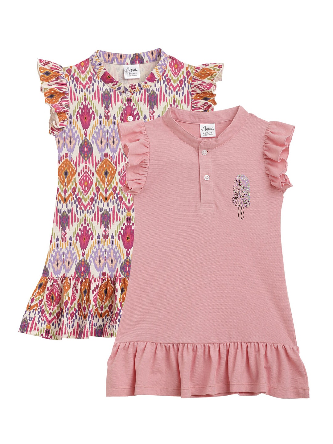 

Anthrilo Girls Pack Of 2 Flutter Sleeves Cotton A-Line Dresses, Pink