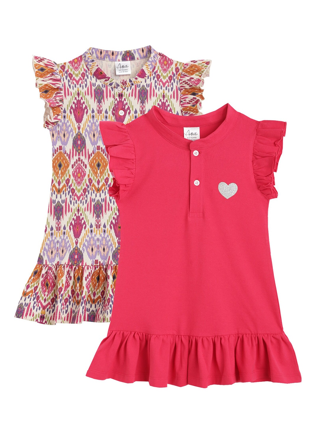 

Anthrilo Girls Pack Of 2 Flutter Sleeves Cotton A-Line Dresses, Pink