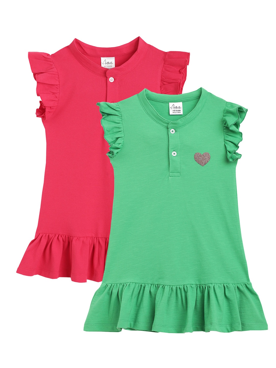 

Anthrilo Girls Pack Of 2 Flutter Sleeves Cotton T-shirt Dresses, Pink