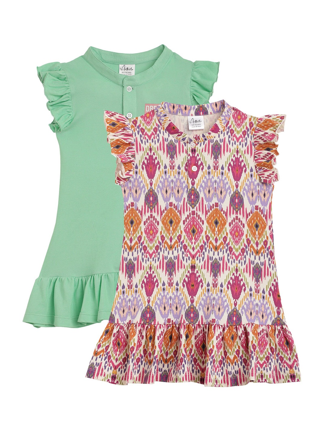 

Anthrilo Girls Pack Of 2 Flutter Sleeves Cotton A-Line Dresses, Green