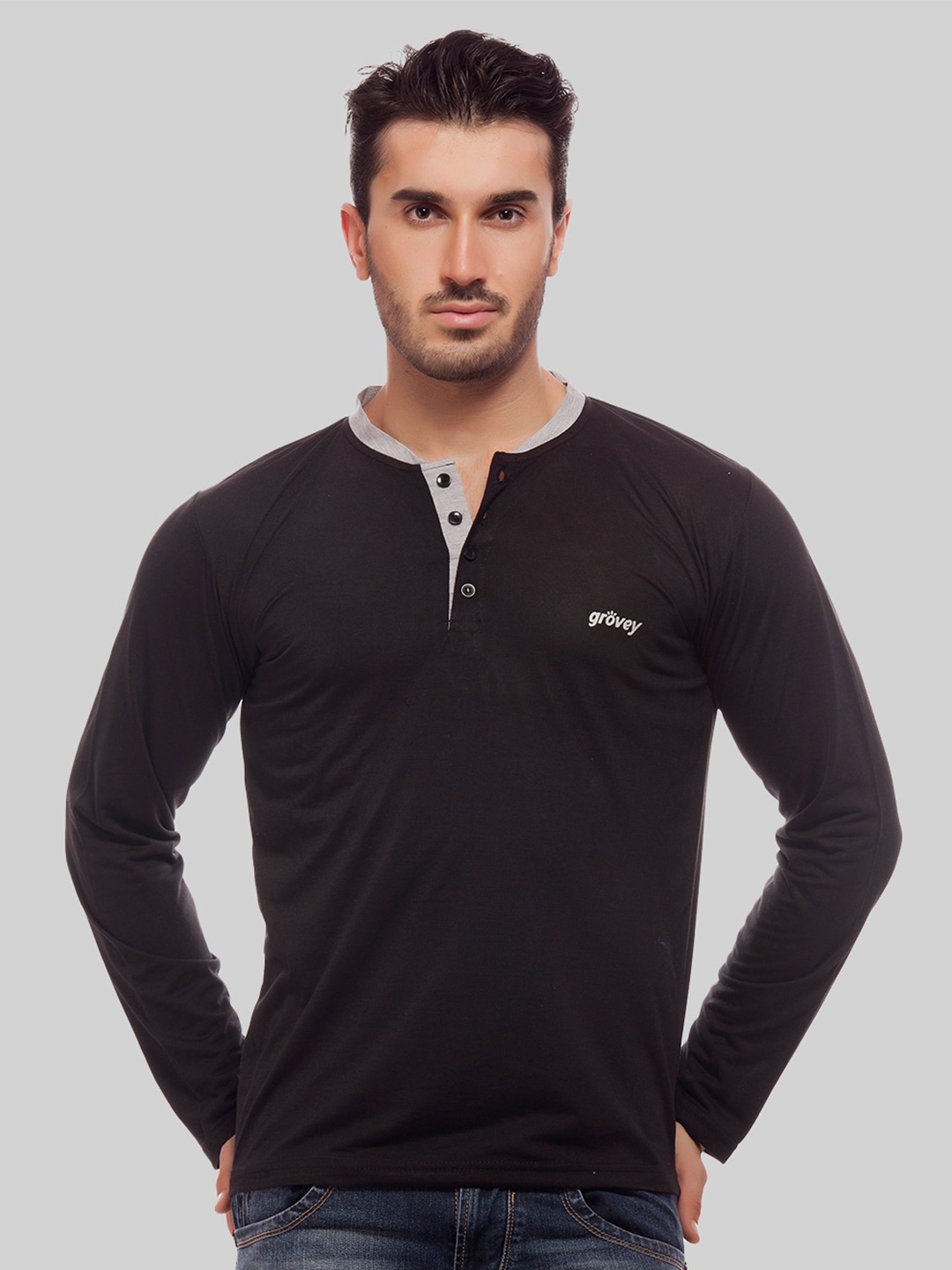 

Greylongg Henley Neck T-Shirt, Black