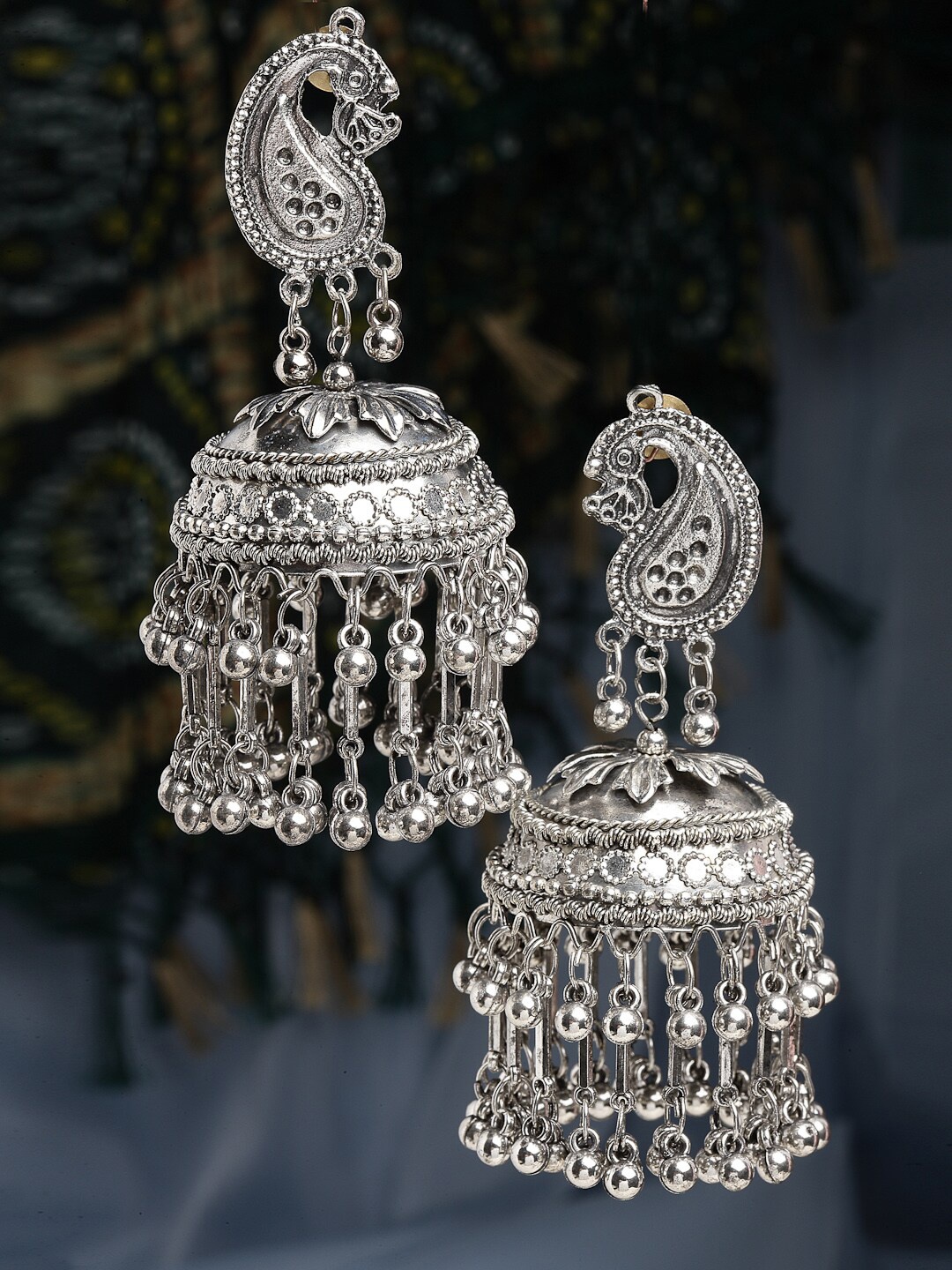 

CHUI MUI Silver-Plated Peacock Shaped Jhumkas Earrings