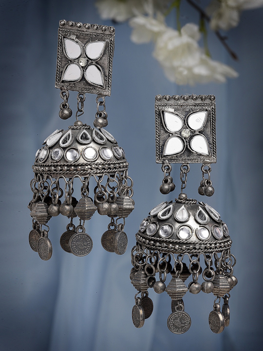 

CHUI MUI Brass Dome Shaped Mirror Detail Oxidised Jhumkas, Silver