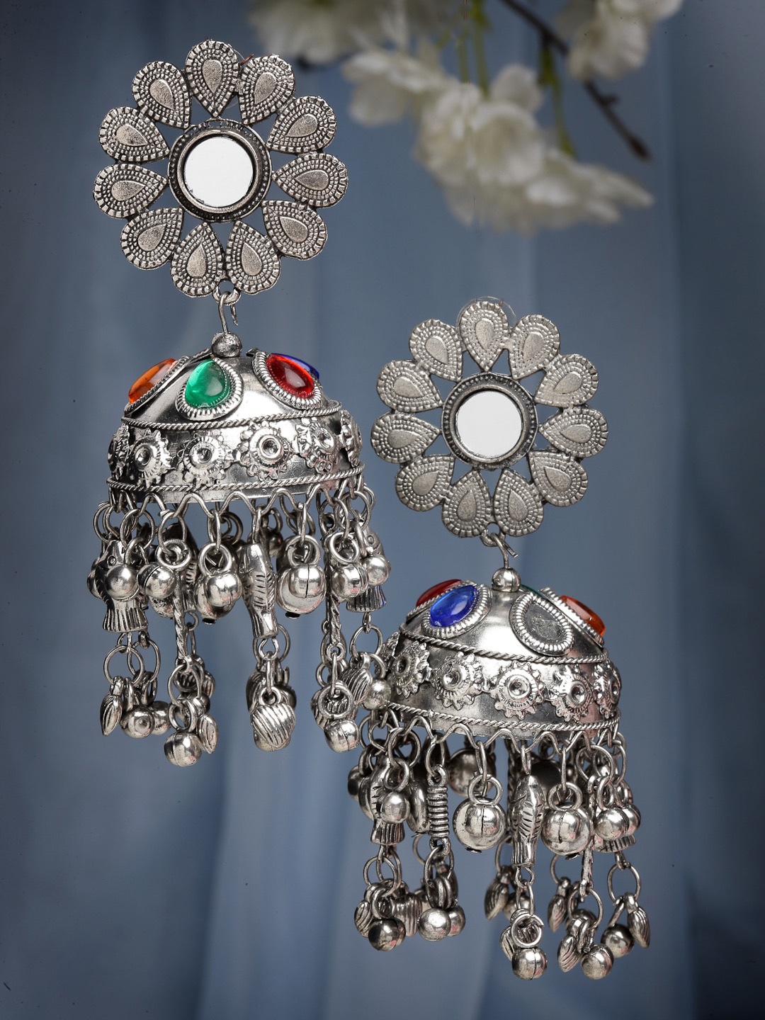 

CHUI MUI Brass Dome Shaped Stone Studded Mirror Detail Oxidised Jhumkas, Silver