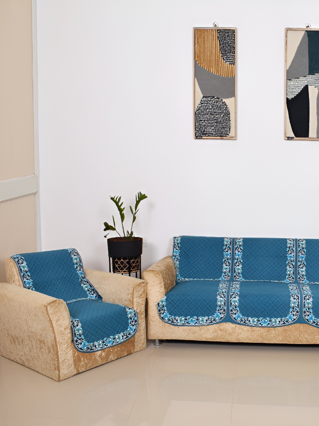 

BELLA TRUE Blue & White 6 Pieces Printed 5 Seater Sofa Cover