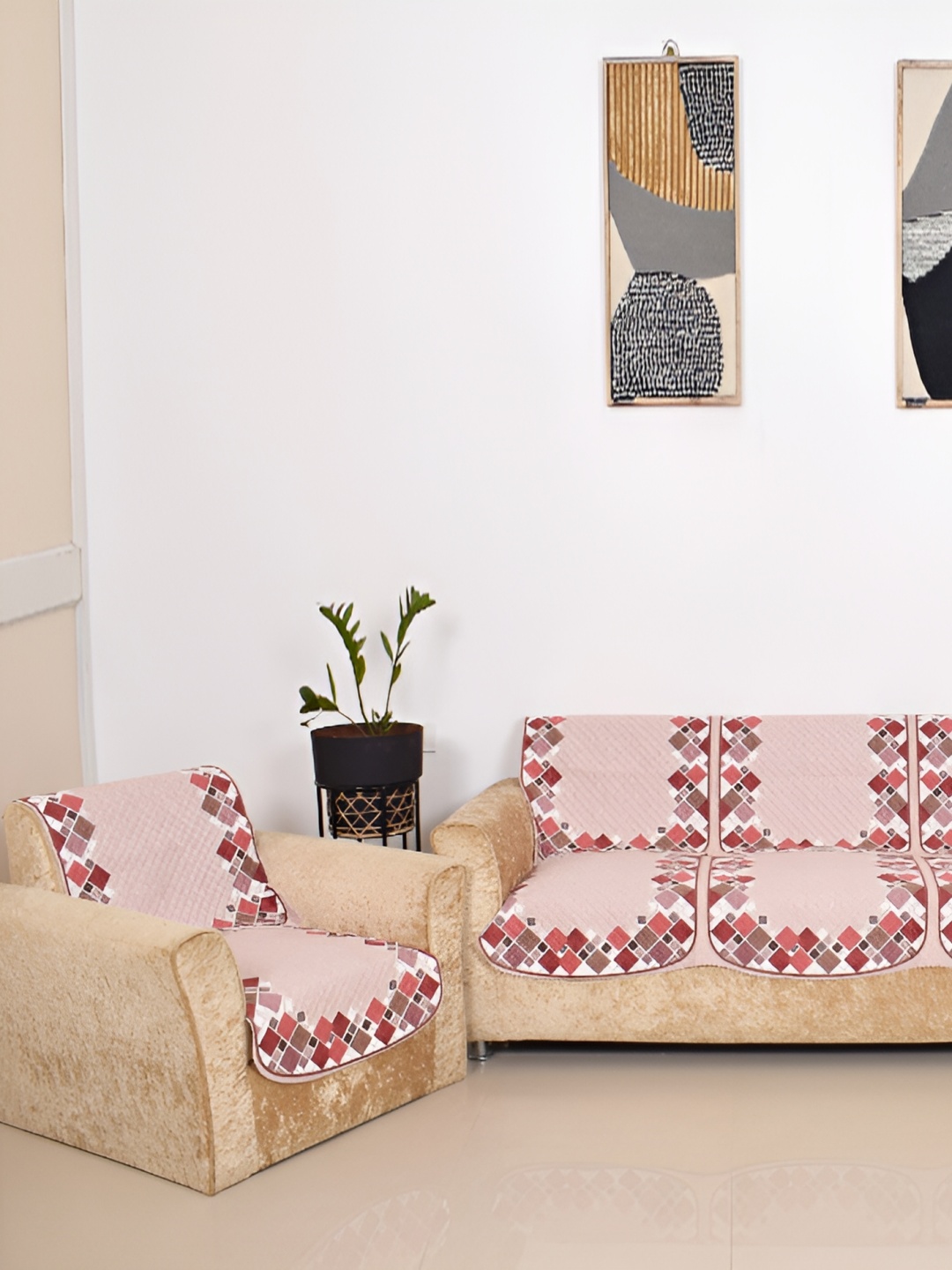 

BELLA TRUE Beige & Red 6 Pieces 5 Seater Sofa Cover