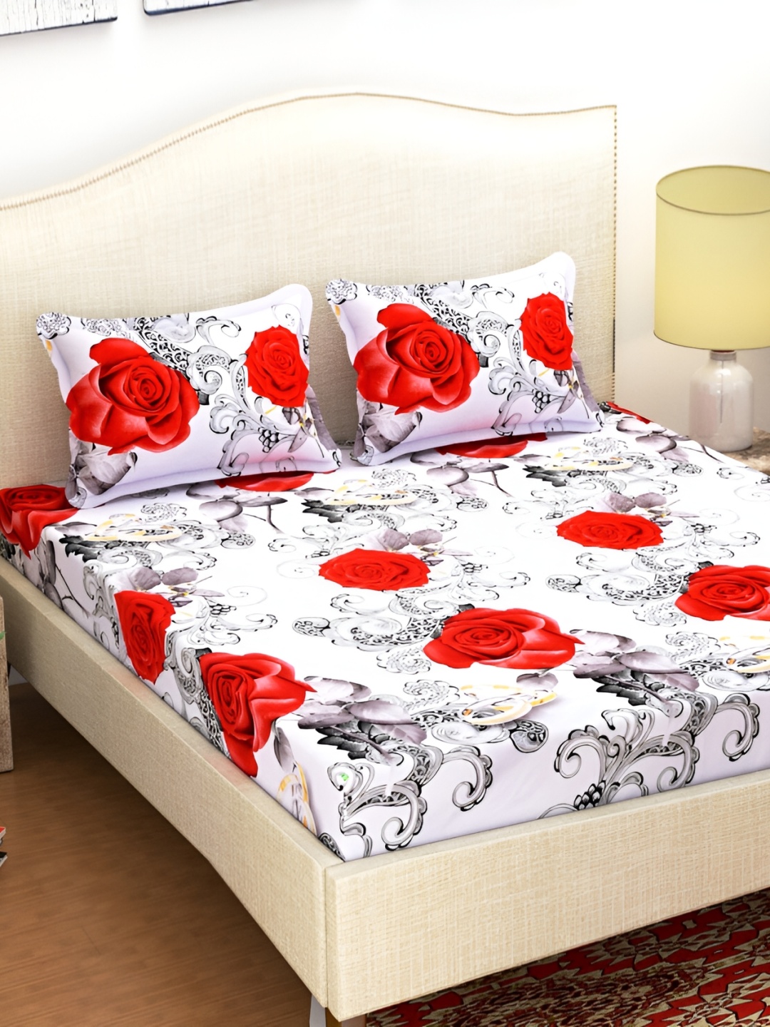 

Aura White & Red Floral Microfiber 180 TC Queen Bedsheet with 2 Pillow Covers