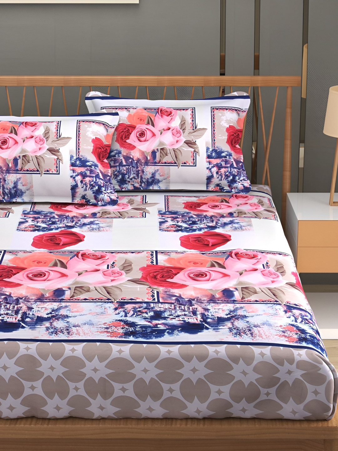 

Aura White & Blue Floral Printed Microfiber 180 TC Queen Bedsheet with 2 Pillow Covers, Pink