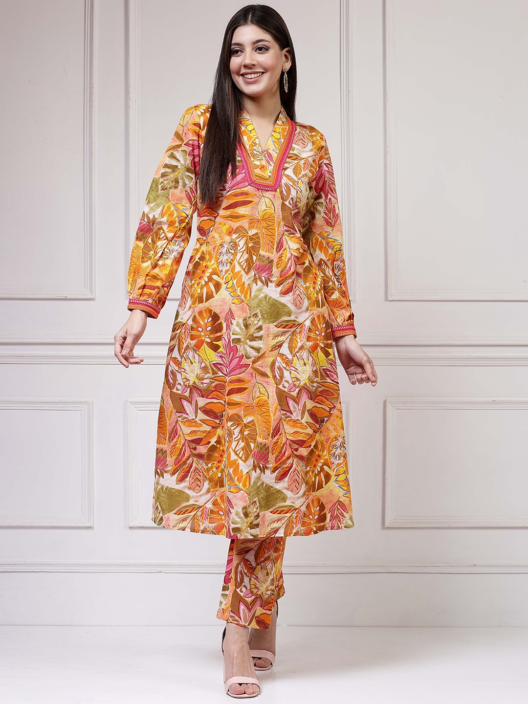 

Get Glamr Floral Printed V Neck Pure Cotton A-Line Kurta with Trousers, Mustard