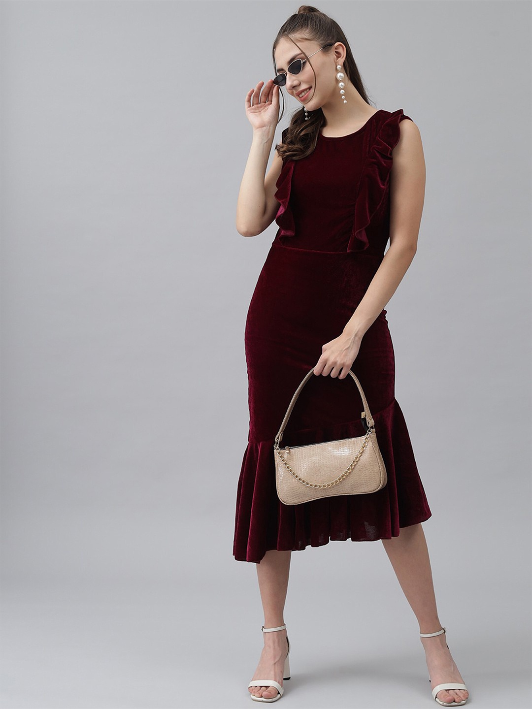 

N N ENTERPRISE Ruffled Velvet A-Line Midi Dress, Maroon