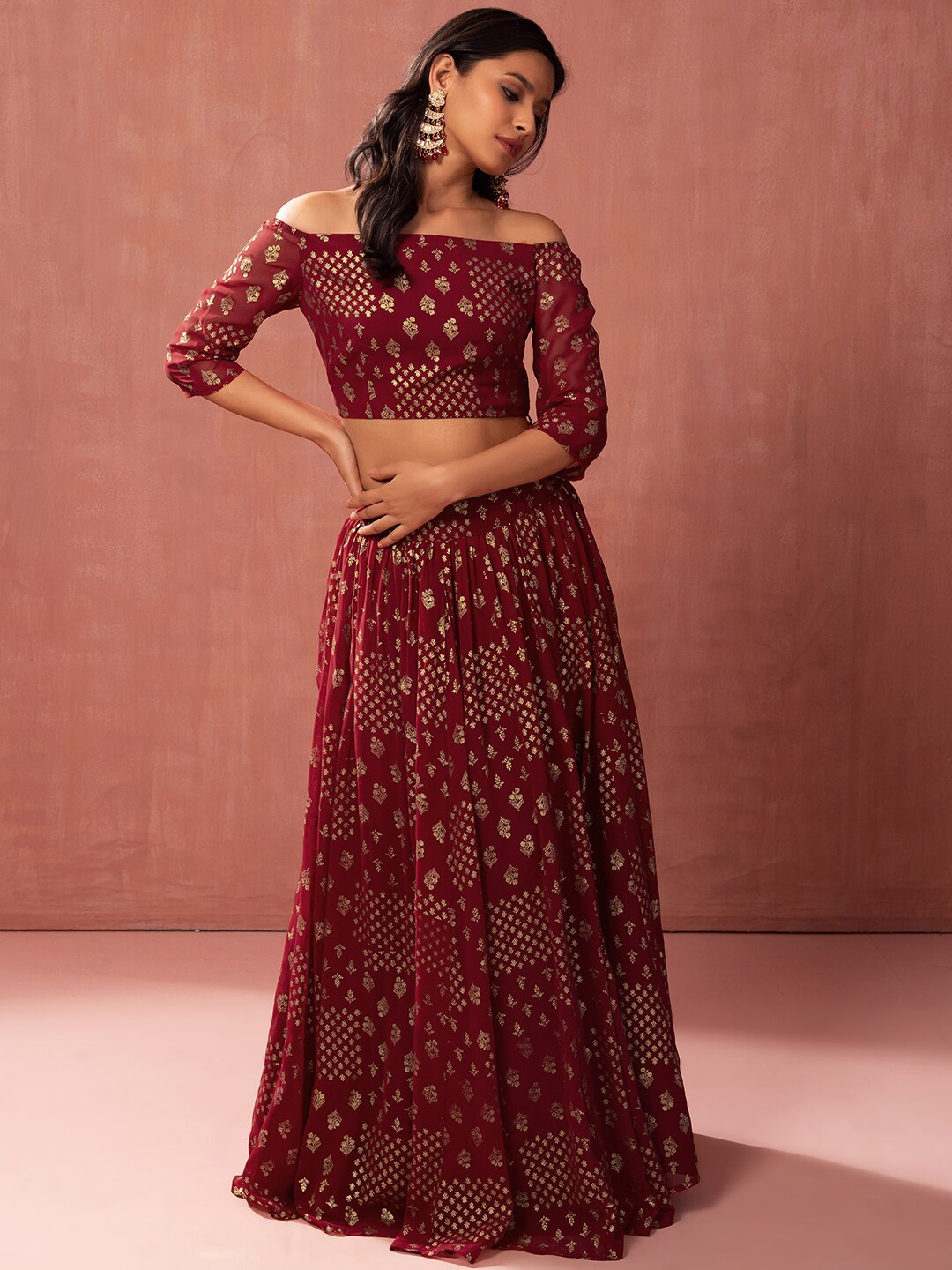 

INDYA Ethnic Motifs Foil Printed Off Shoulder Lehenga Choli, Red