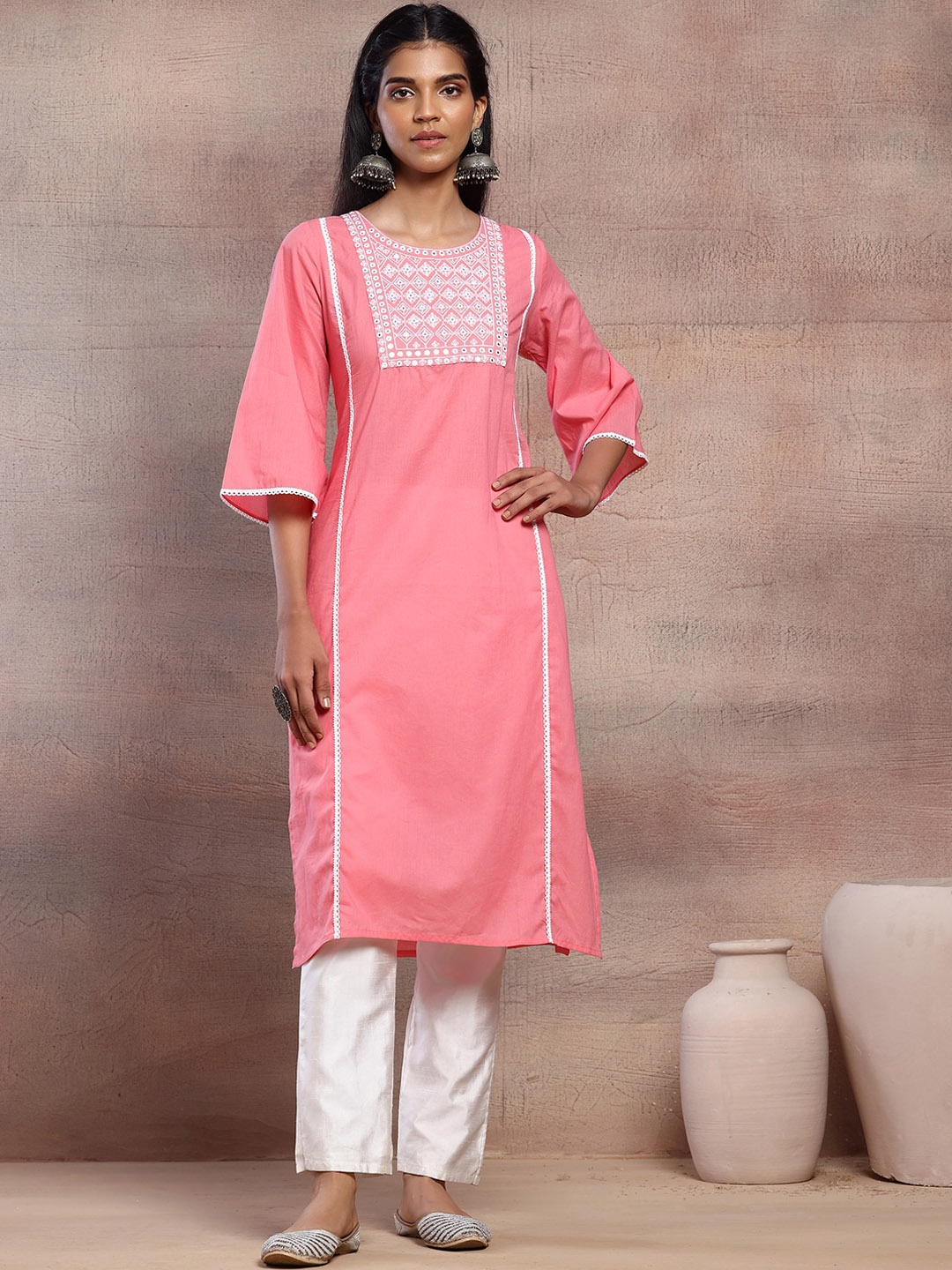 

INDYA Ethnic Motifs Yoke Design Mirror Work Detailed Pure Cotton Straight Kurta, Peach