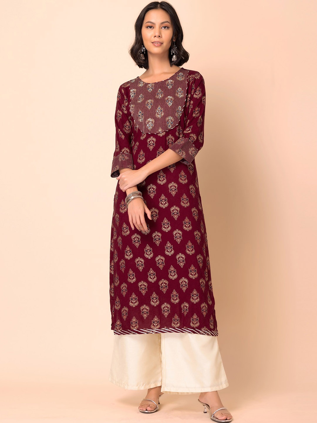 

INDYA Ethnic Motifs Printed Straight Kurta, Maroon