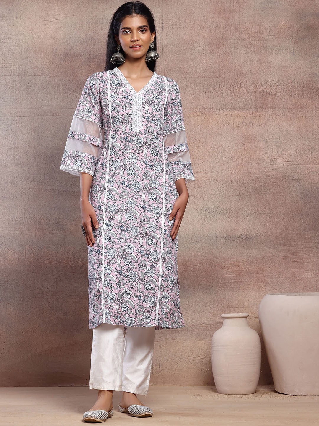 

INDYA Floral Printed Pure Cotton Kurta, Pink