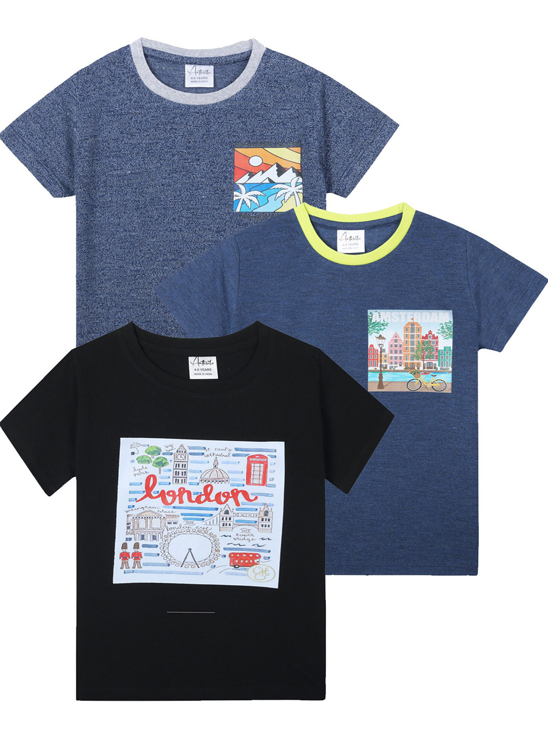 

Anthrilo Boys Pack Of 3 Graphic Printed Cotton T-shirt, Grey