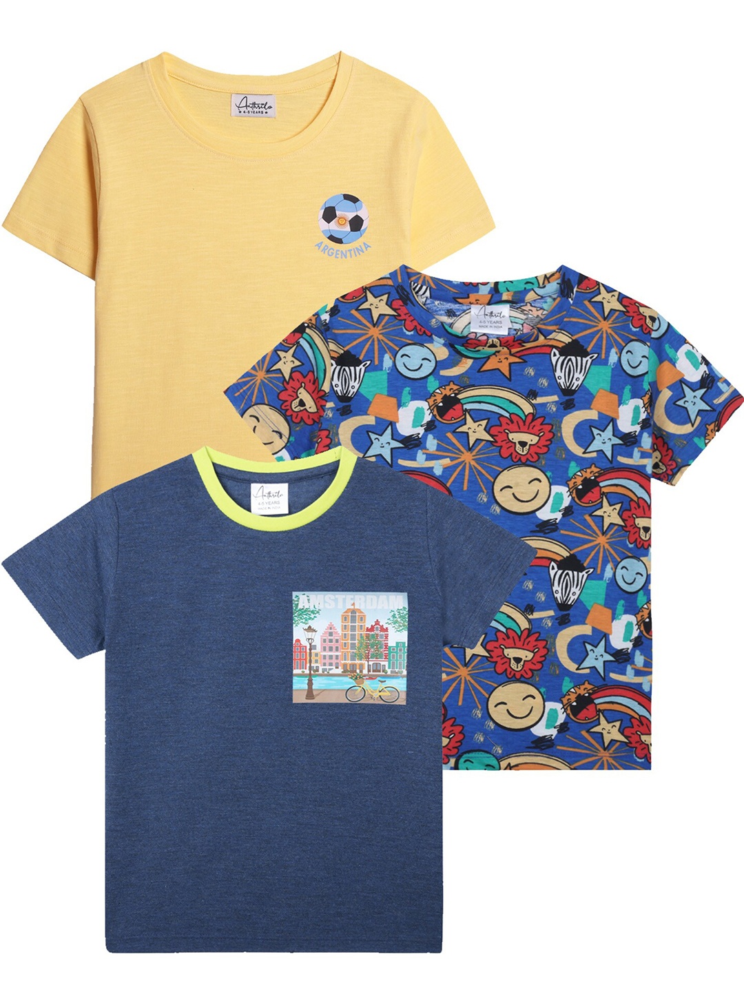 

Anthrilo Boys Pack Of 3 Graphic Printed Cotton T-shirt, Yellow