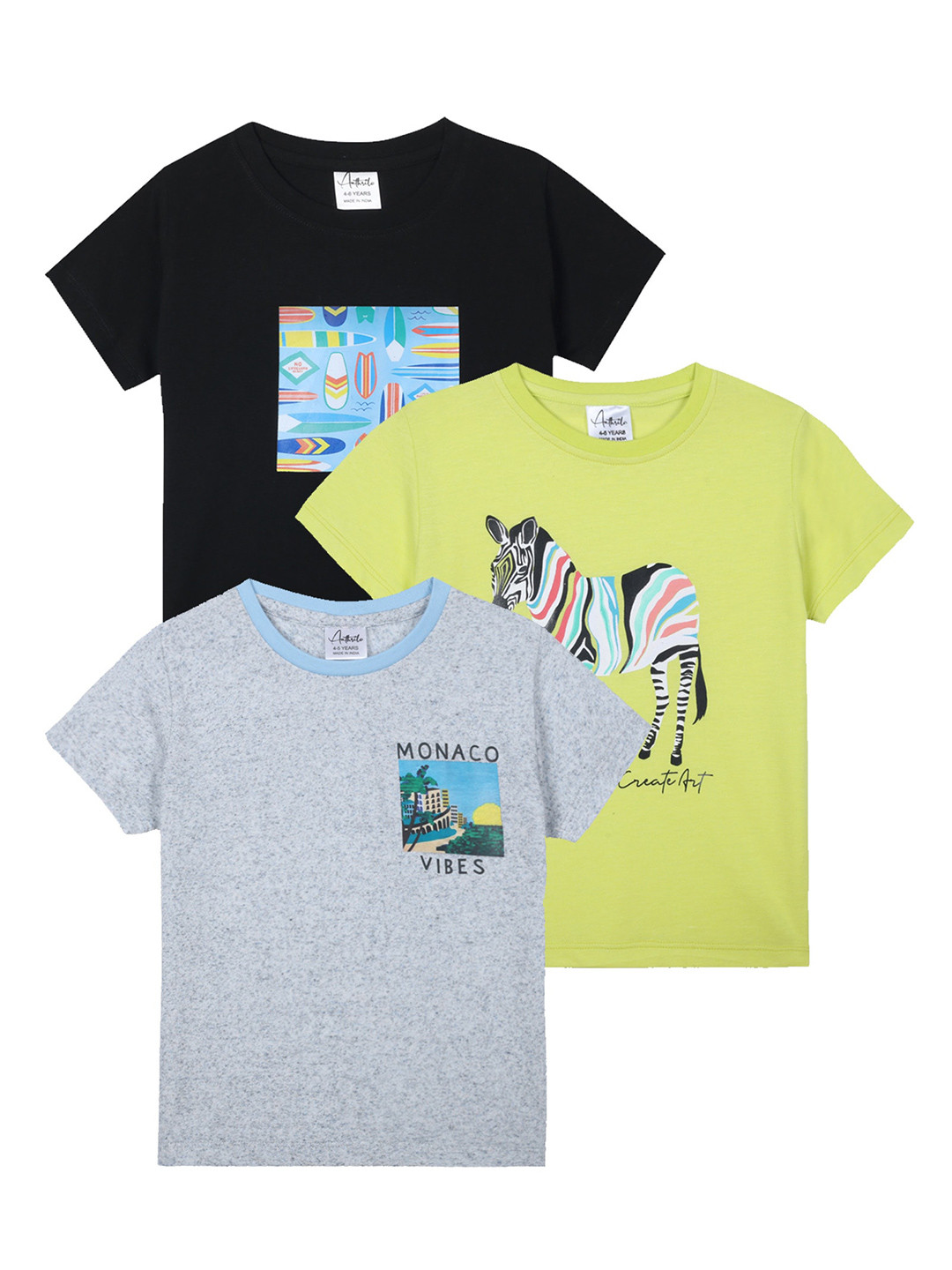 

Anthrilo Boys Pack Of 3 Graphic Printed Cotton T-shirt, Black