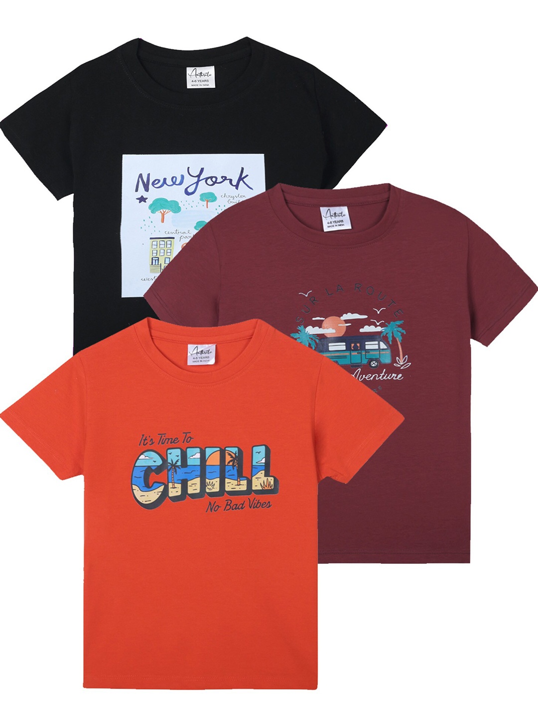 

Anthrilo Boys Pack Of 3 Graphic Printed Cotton T-shirt, Black