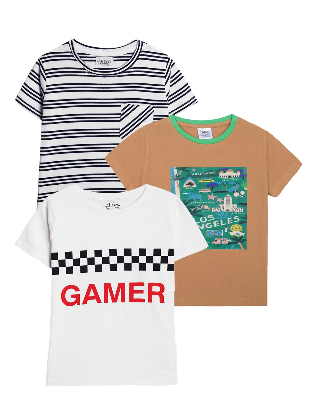 

Anthrilo Boys Pack Of 3 Striped Cotton T-shirt, Black