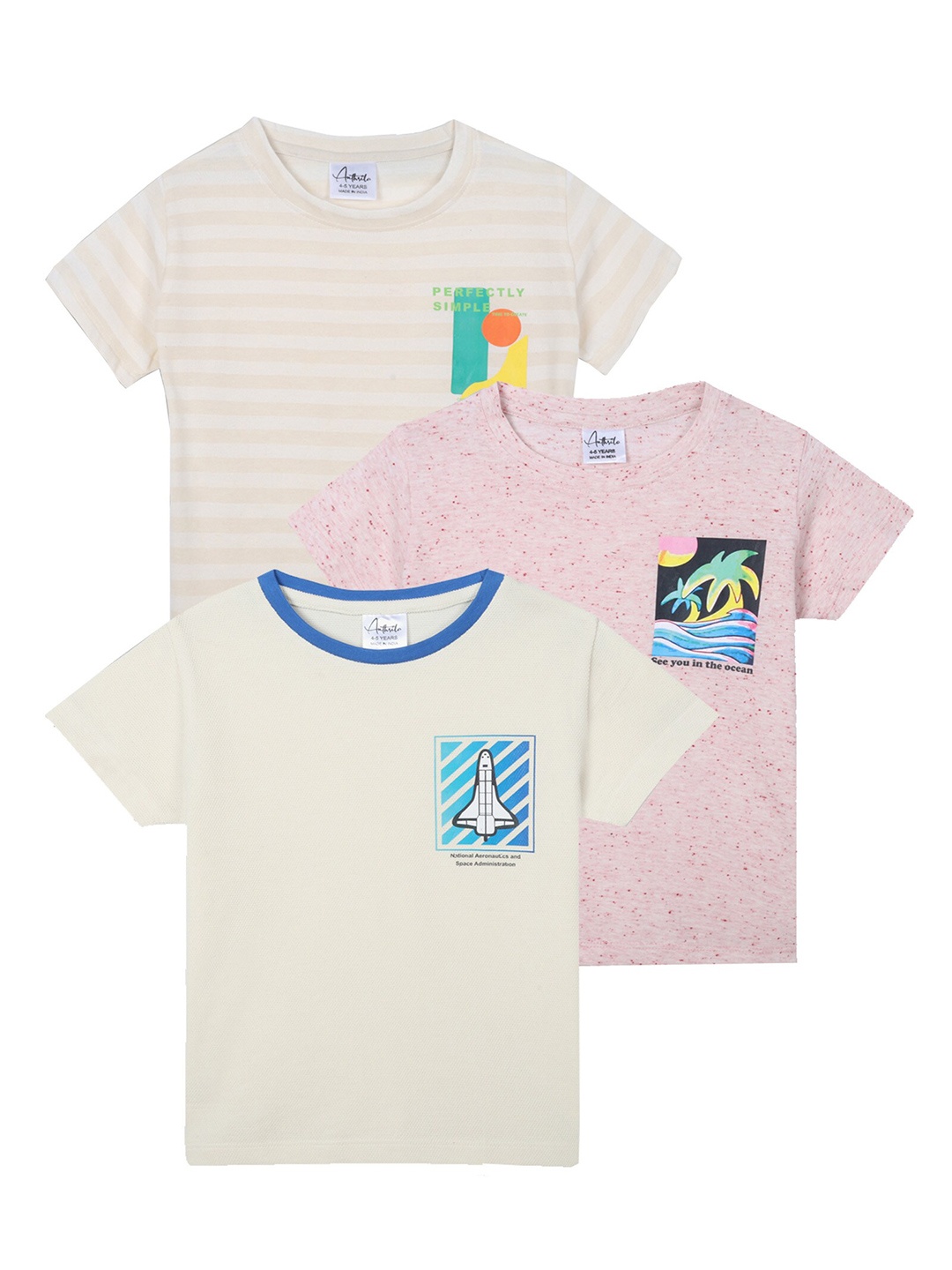 

Anthrilo Boys Pack Of 3 Striped Cotton T-shirt, White