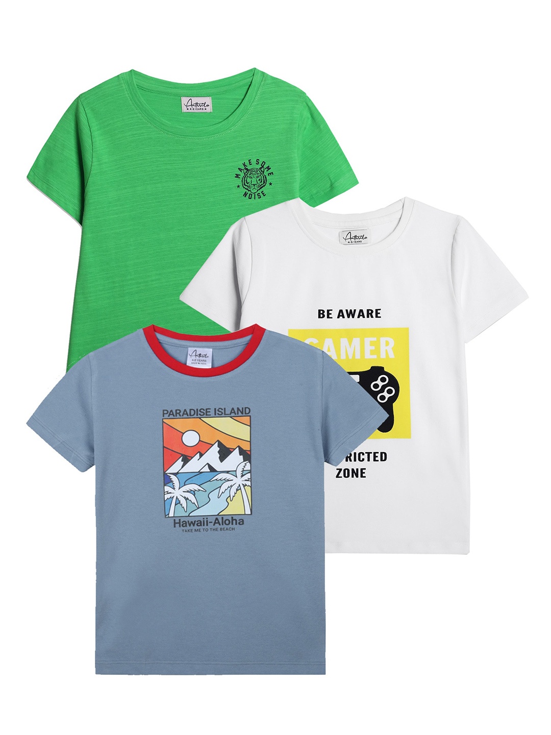 

Anthrilo Boys Pack Of 3 Graphic Printed Cotton T-shirt, Green