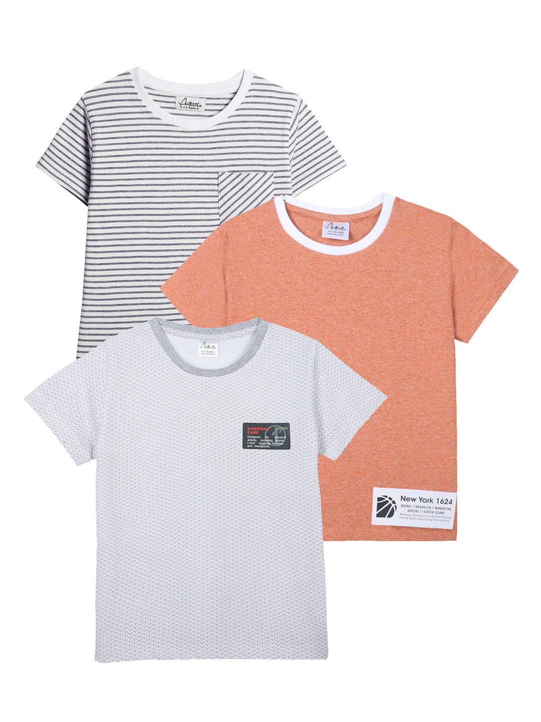 

Anthrilo Boys Pack Of 3 Striped Cotton T-shirt, White