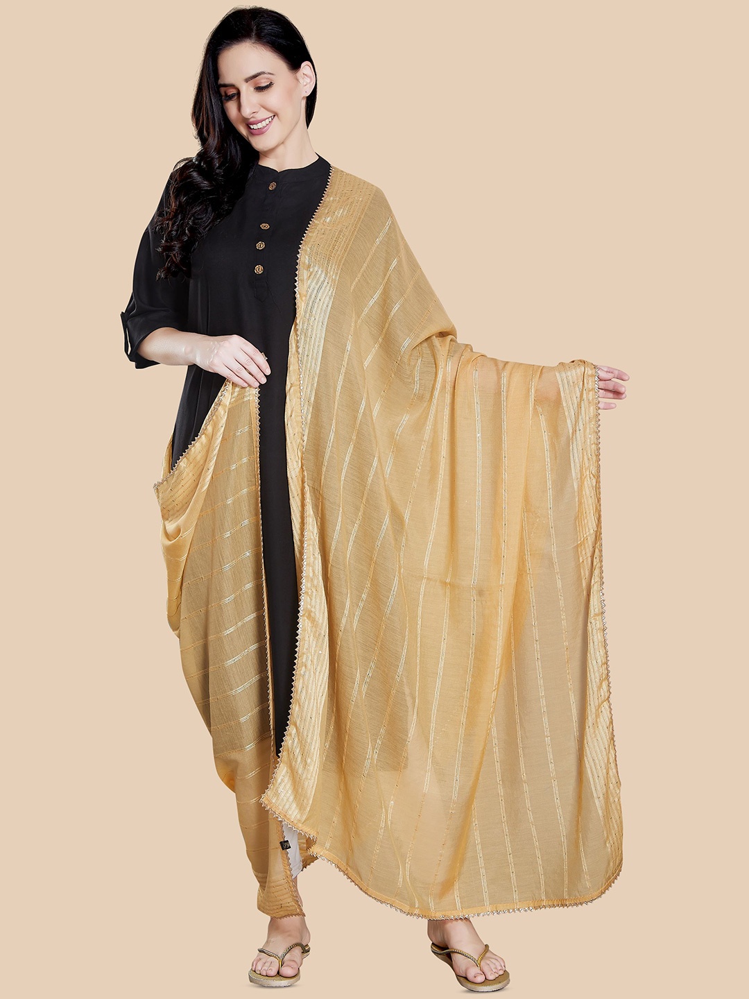 

Rani Saahiba Striped Embroidered Sequinned Cotton Dupatta, Beige