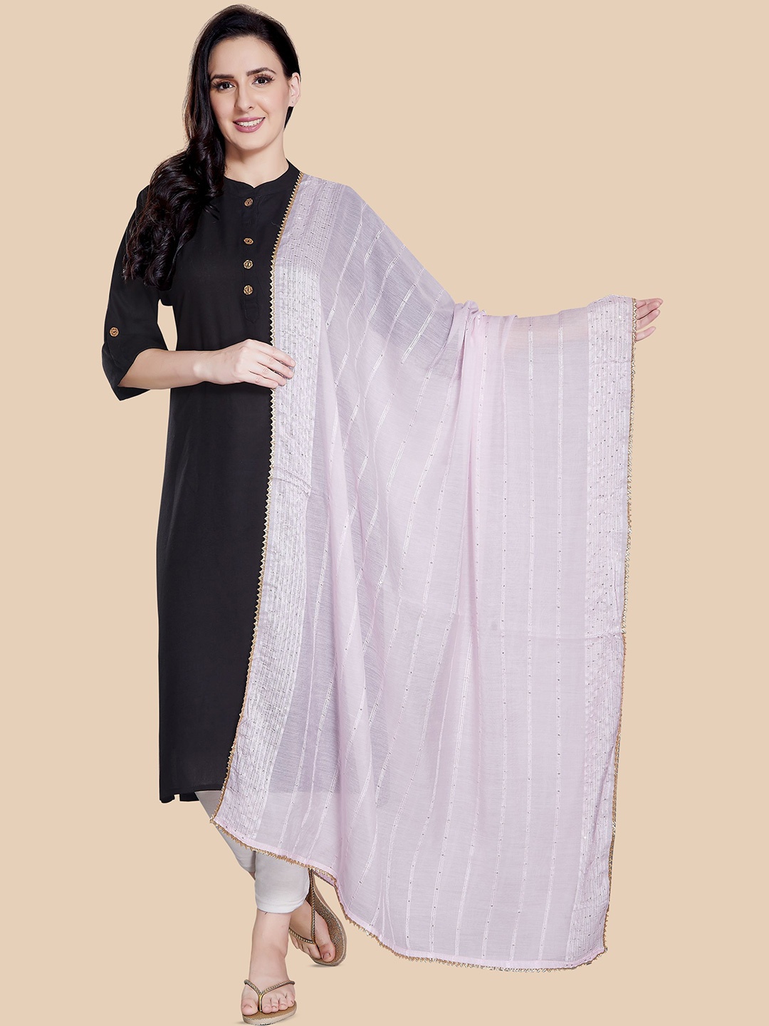 

Rani Saahiba Striped Embroidered Sequinned Cotton Dupatta, Pink