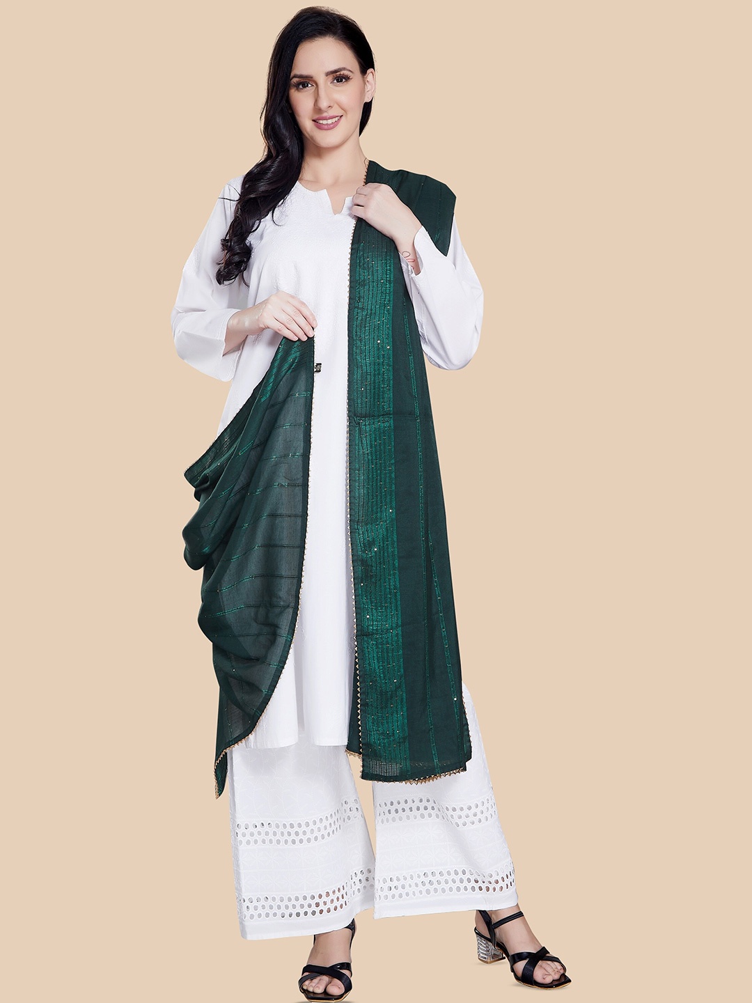 

Rani Saahiba Striped Embroidered Sequinned Cotton Dupatta, Green