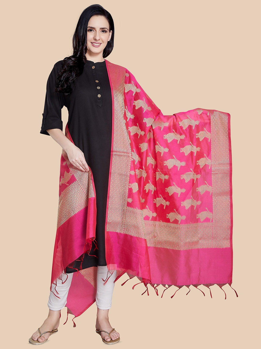 

Rani Saahiba Floral Woven Design Zari Dupatta, Pink