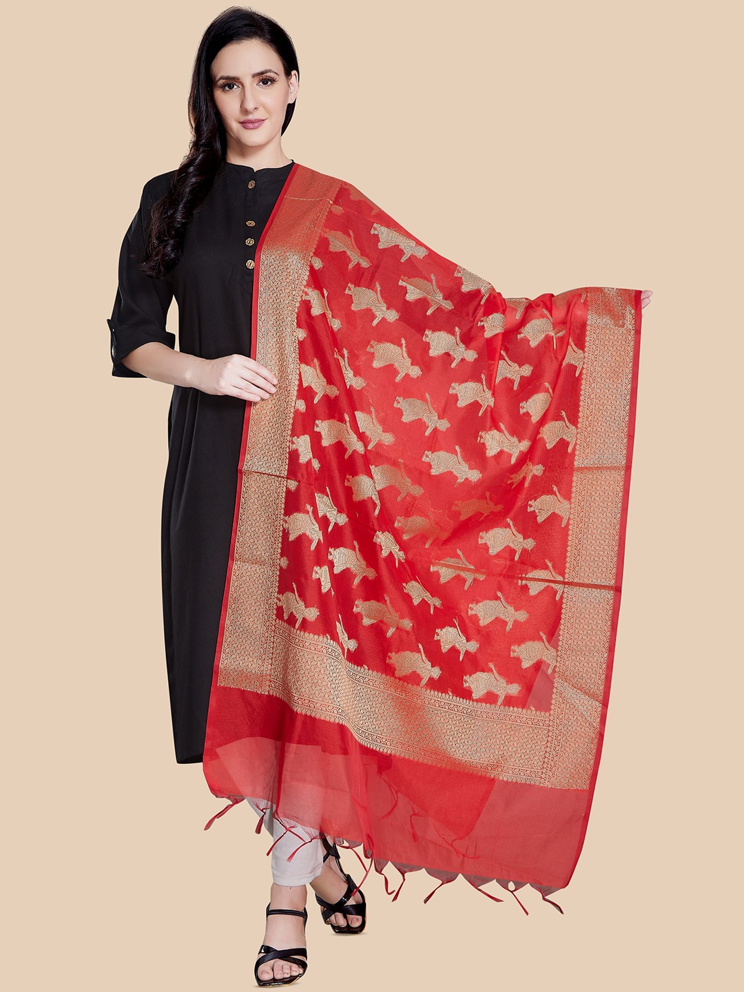 

Rani Saahiba Floral Woven Design Zari Dupatta, Red