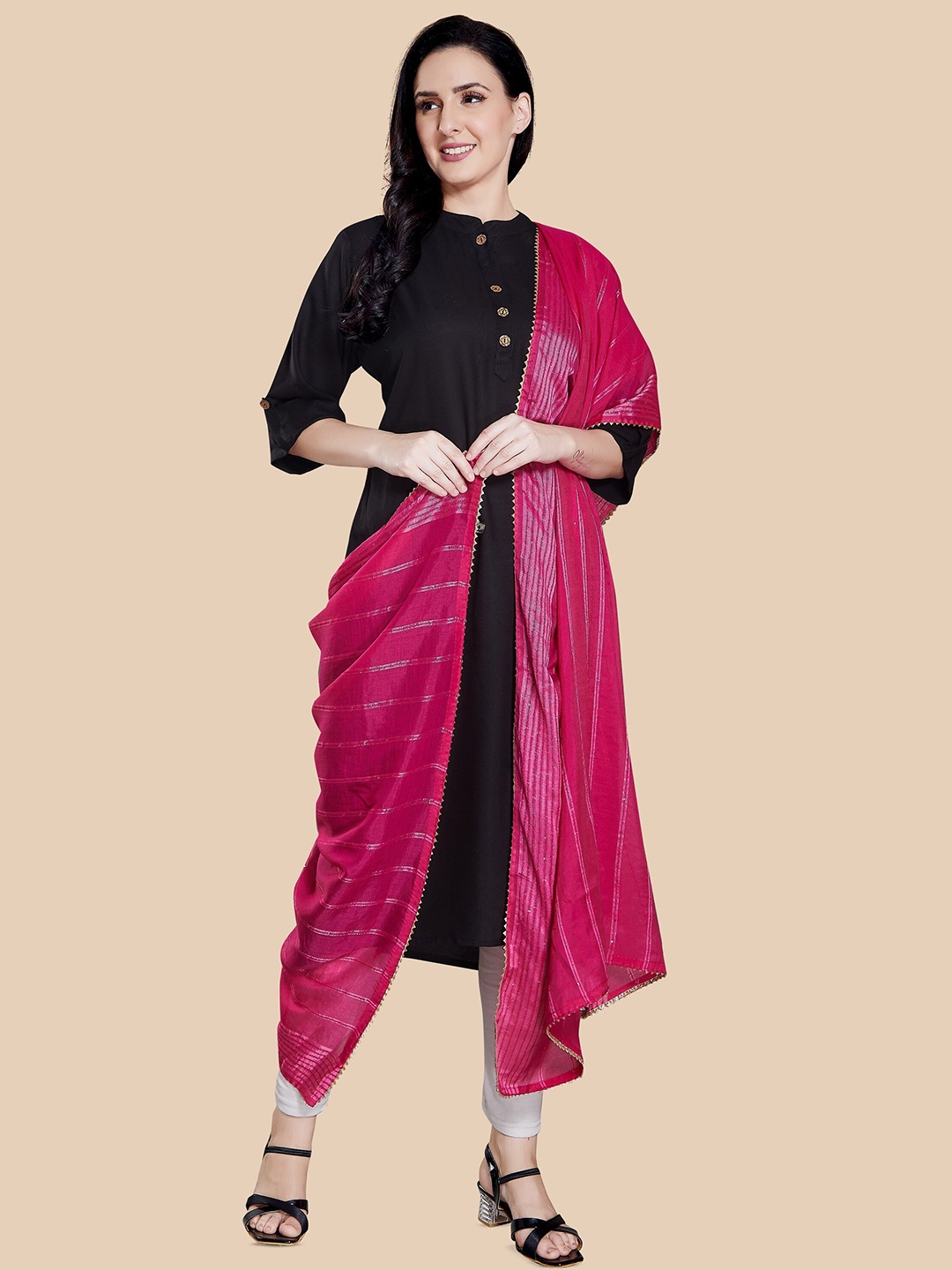 

Rani Saahiba Striped Embroidered Sequinned Cotton Dupatta, Pink