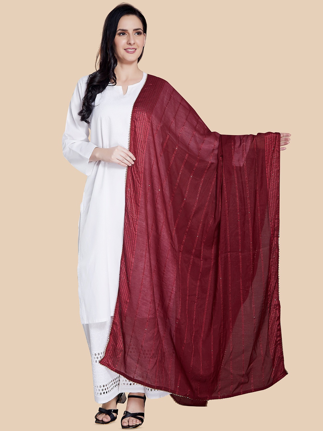 

Rani Saahiba Striped Embroidered Sequinned Cotton Dupatta, Maroon