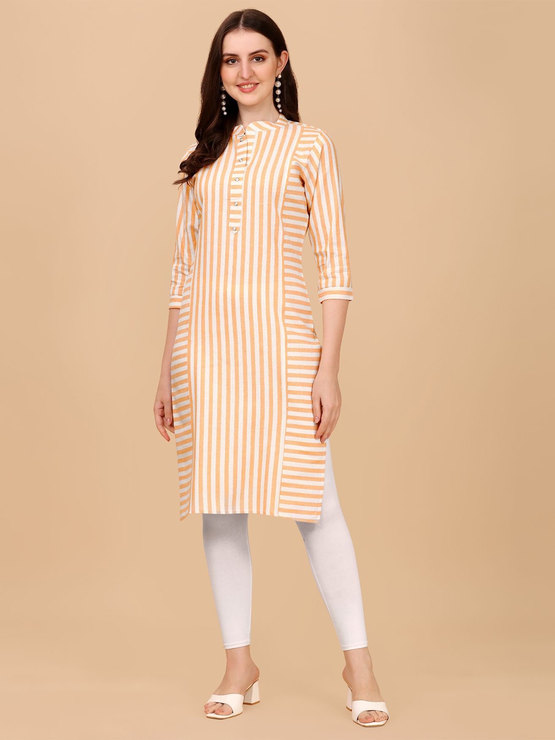 

KALINI Striped Print Mandarin Collar Straight Kurta, Brown