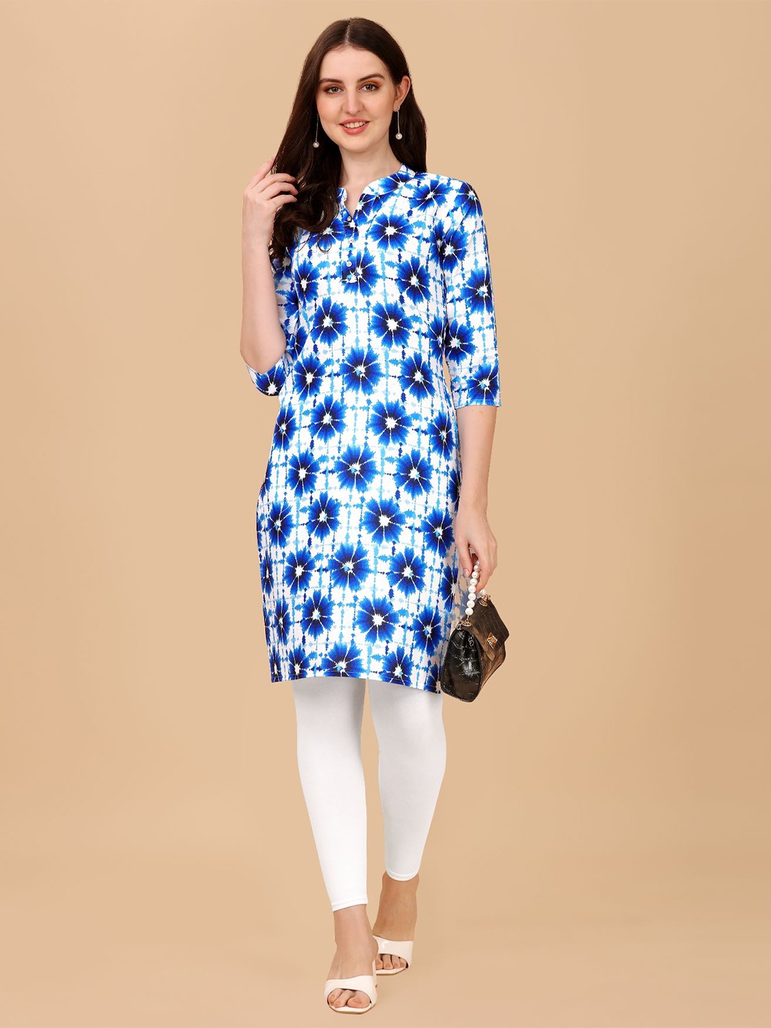 

KALINI Floral Printed Mandarin Collar Cotton Straight Kurta, Blue
