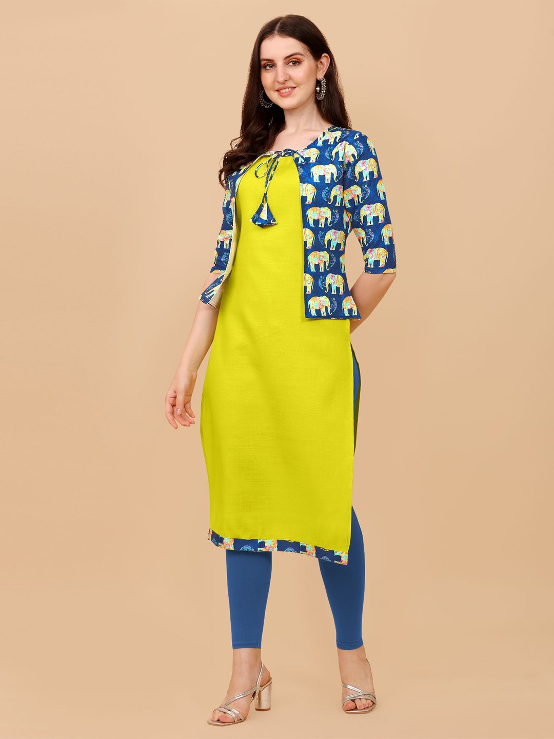 

KALINI Kurta with Printed Shrug, Lime green
