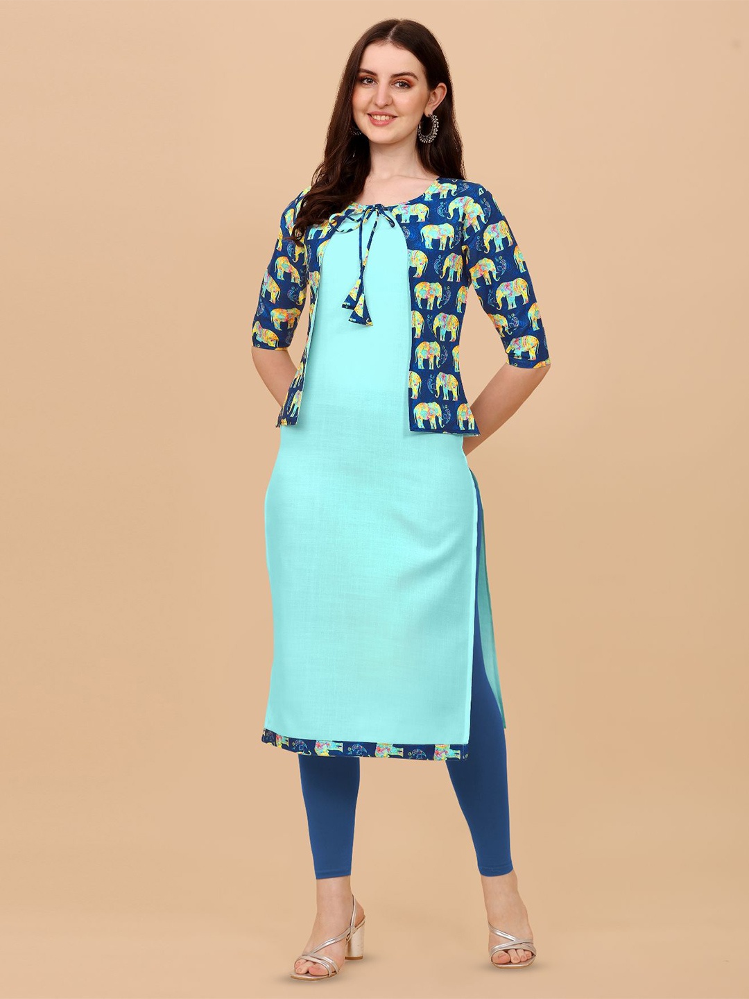 

KALINI Printed Straight Kurta, Turquoise blue