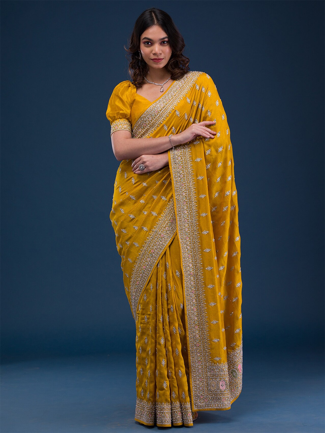 

Koskii Floral Embroidered Art Silk Saree, Yellow