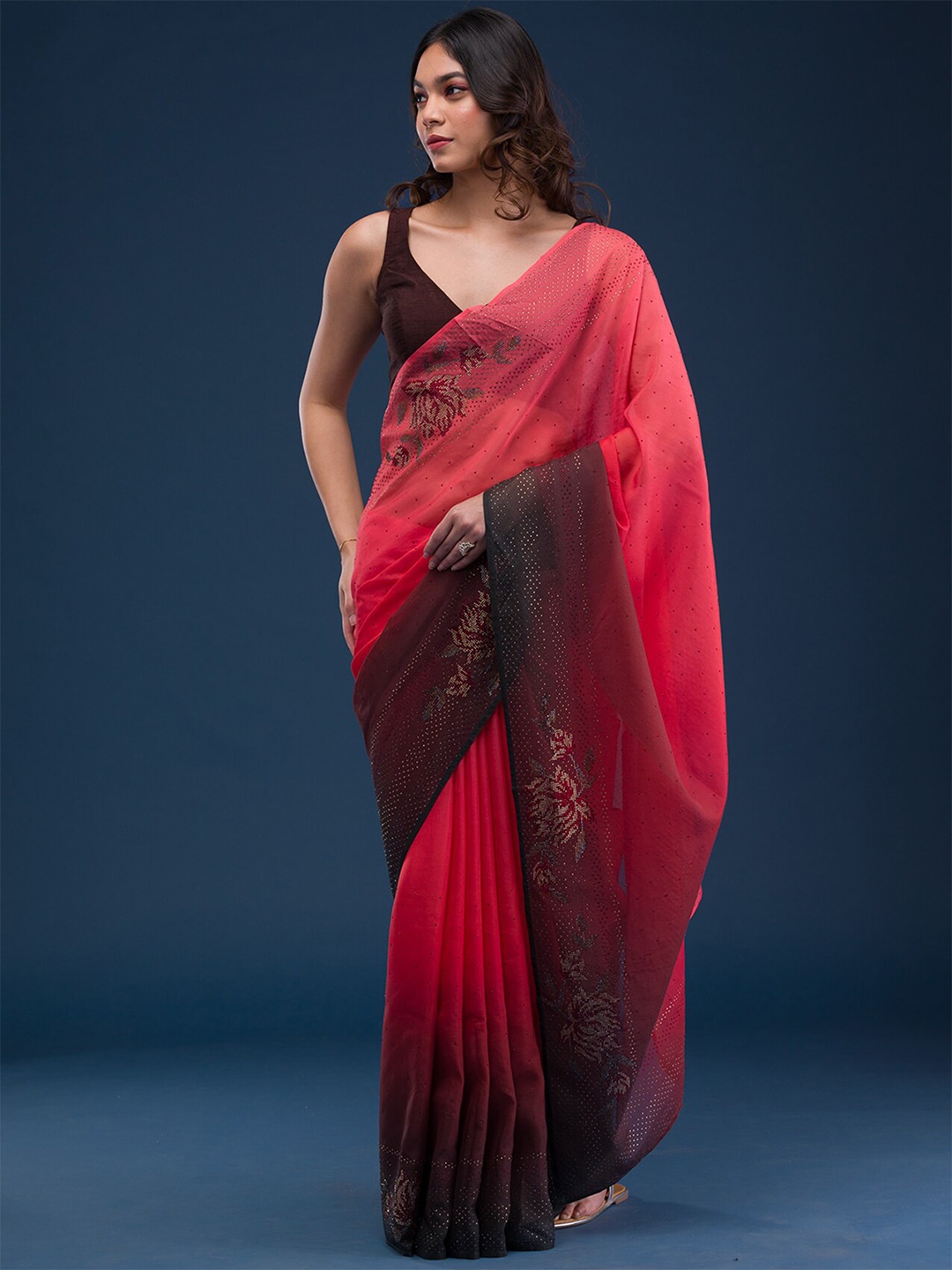 

Koskii Embellished Beads and Stones Satin Saree, Red