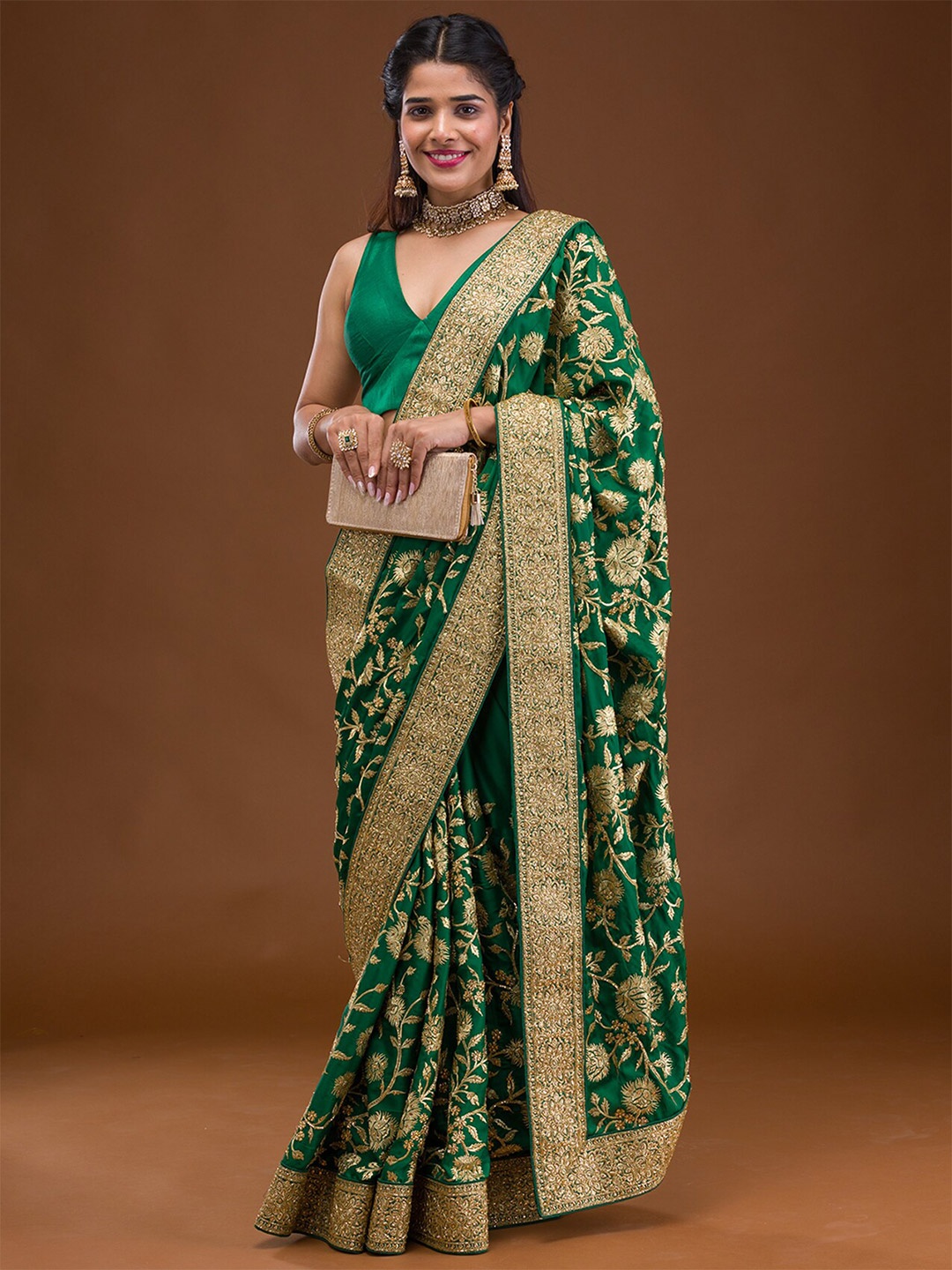 

Koskii Embellished Beads and Stones Saree, Green
